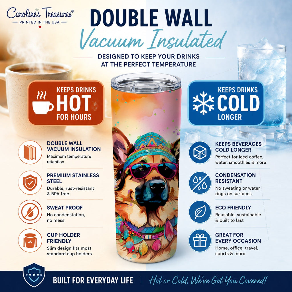 German Shepherd Hippie Dawg Stainless Steel Skinny Tumbler 20 oz Vacuum Double Walled Reusable Insulated Travel Cup