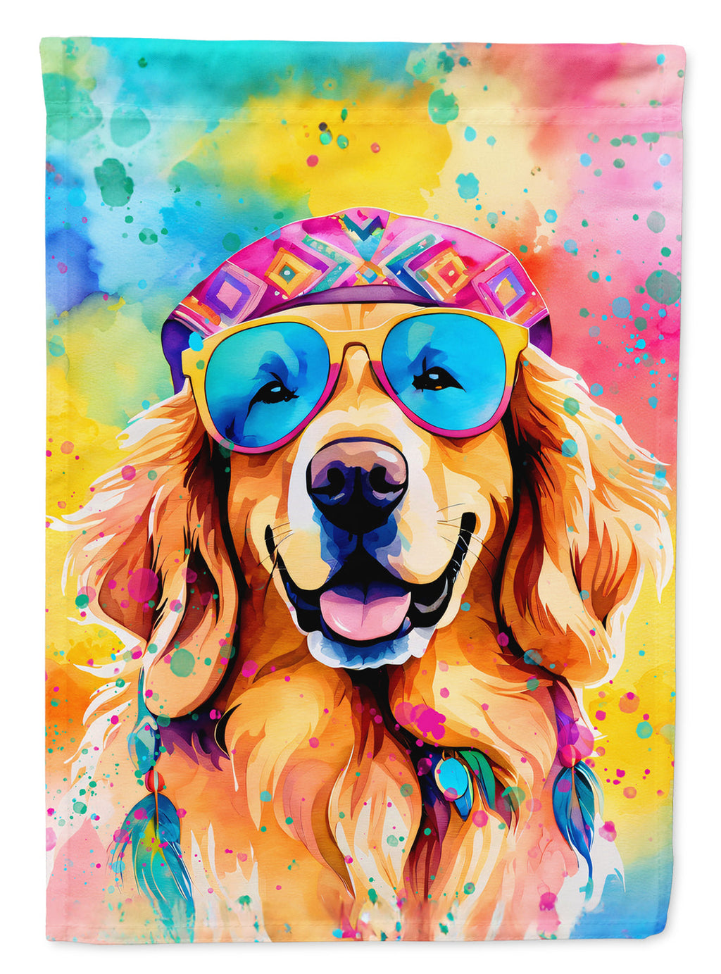 Golden Retriever Hippie Dawg House Flag 28x40 Porch Sleeve Pole Decorative Outside Yard Banner Artwork Wall Hanging, Polyester