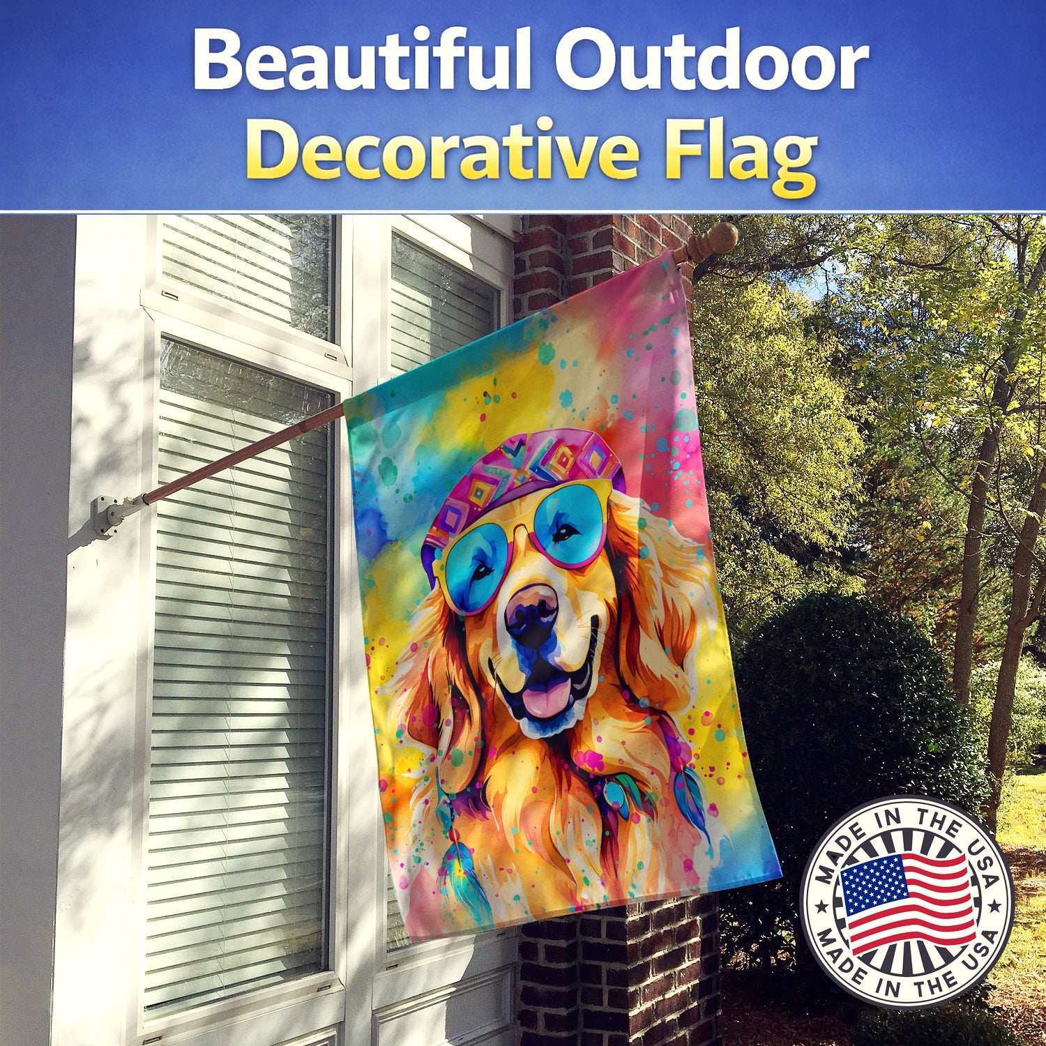 Golden Retriever Hippie Dawg House Flag 28x40 Porch Sleeve Pole Decorative Outside Yard Banner Artwork Wall Hanging, Polyester