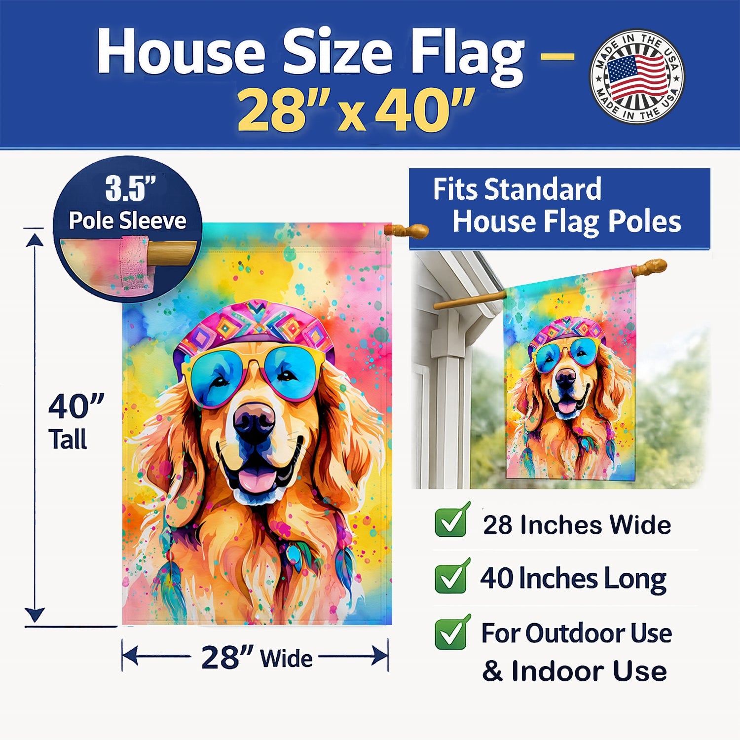 Golden Retriever Hippie Dawg House Flag 28x40 Porch Sleeve Pole Decorative Outside Yard Banner Artwork Wall Hanging, Polyester