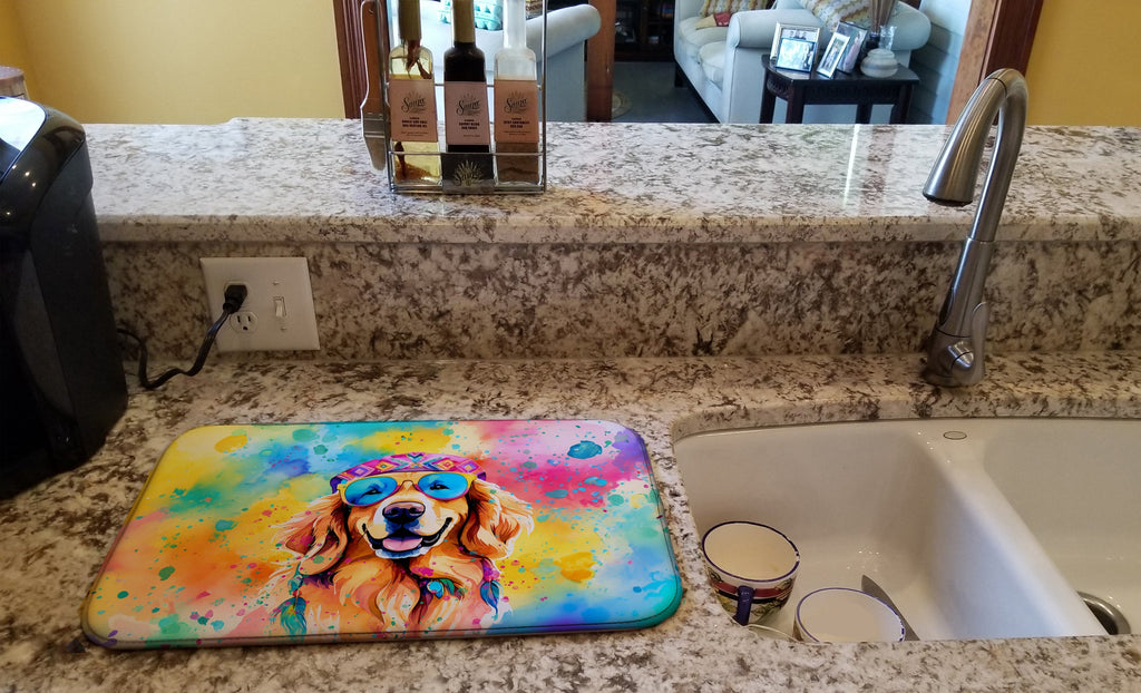 Golden Retriever Hippie Dawg Dish Drying Mat Absorbent Dish Drying Mat Pad for Kitchen Counter Dish Drainer Mat for Countertop, 14 x 21", Multicolor