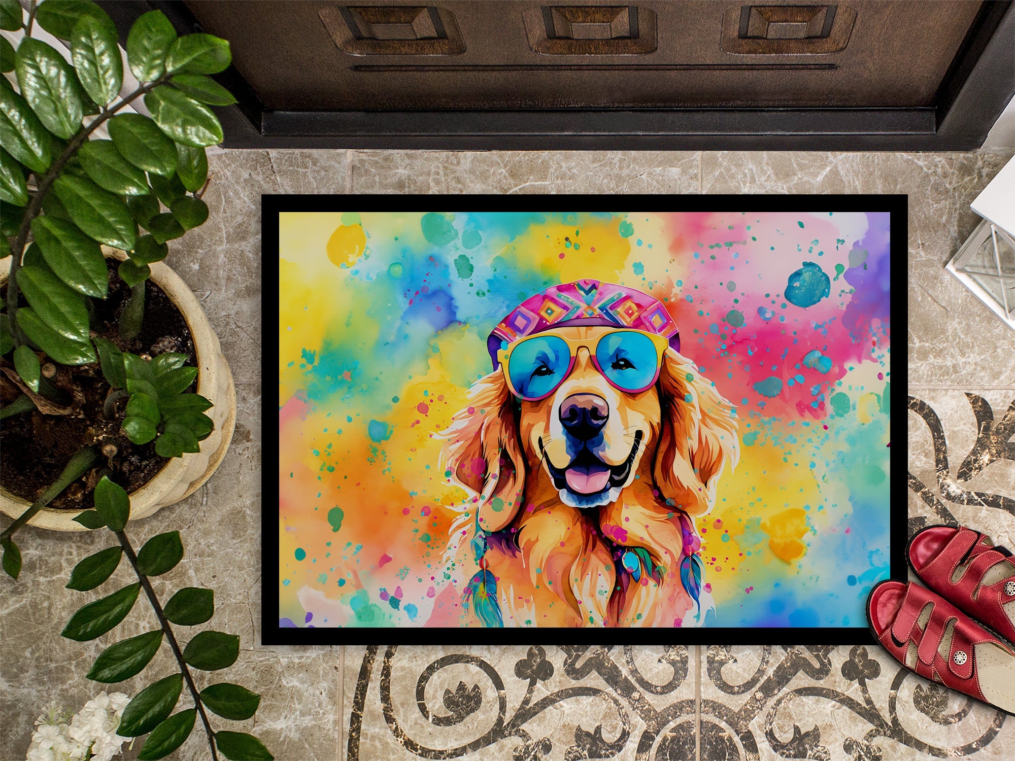 Golden Retriever Hippie Dawg Doormat Indoor Outdoor 24H X 36W Front Door Mat Rugs for Entryway, Non Slip Washable Low Pile,