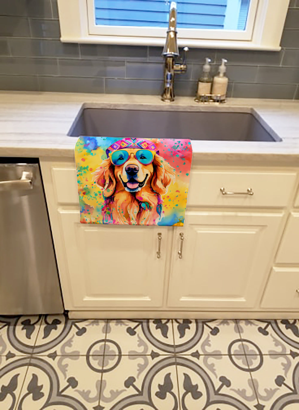 Golden Retriever Hippie Dawg Kitchen Towel Velour Plush Front and Cotton Loop Back Machine Washable