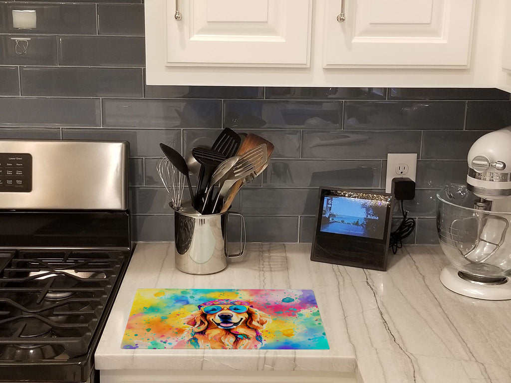 Golden Retriever Hippie Dawg Cutting Board Tempered Glass Kitchen Cutting Surface, Heat Resistant Chopping, Non-Slip Feet, Food Prep & Serving