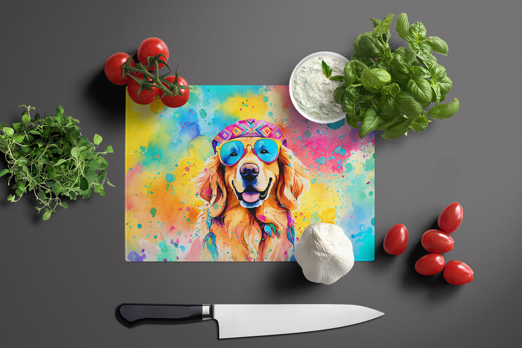 Golden Retriever Hippie Dawg Cutting Board Tempered Glass Kitchen Cutting Surface, Heat Resistant Chopping, Non-Slip Feet, Food Prep & Serving