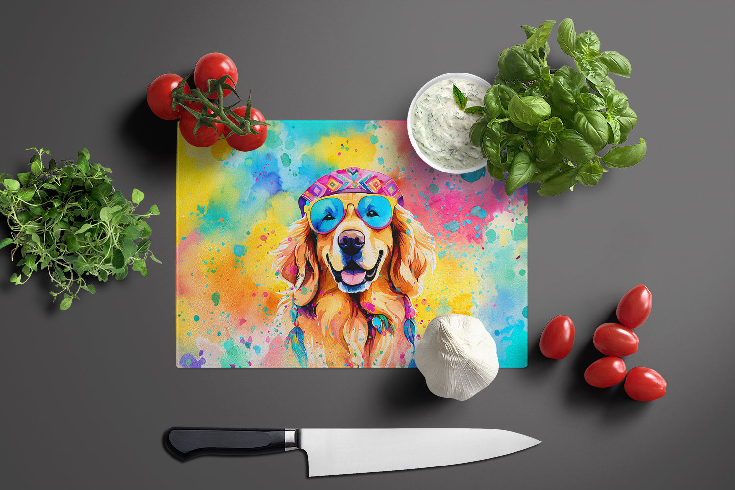 Golden Retriever Hippie Dawg Cutting Board Tempered Glass Kitchen Cutting Surface, Heat Resistant Chopping, Non-Slip Feet, Food Prep & Serving