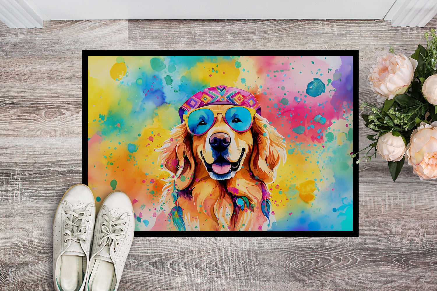 Golden Retriever Hippie Dawg Doormat Indoor Outdoor 18H X 27W Front Door Mat Rugs for Entryway, Non Slip Washable