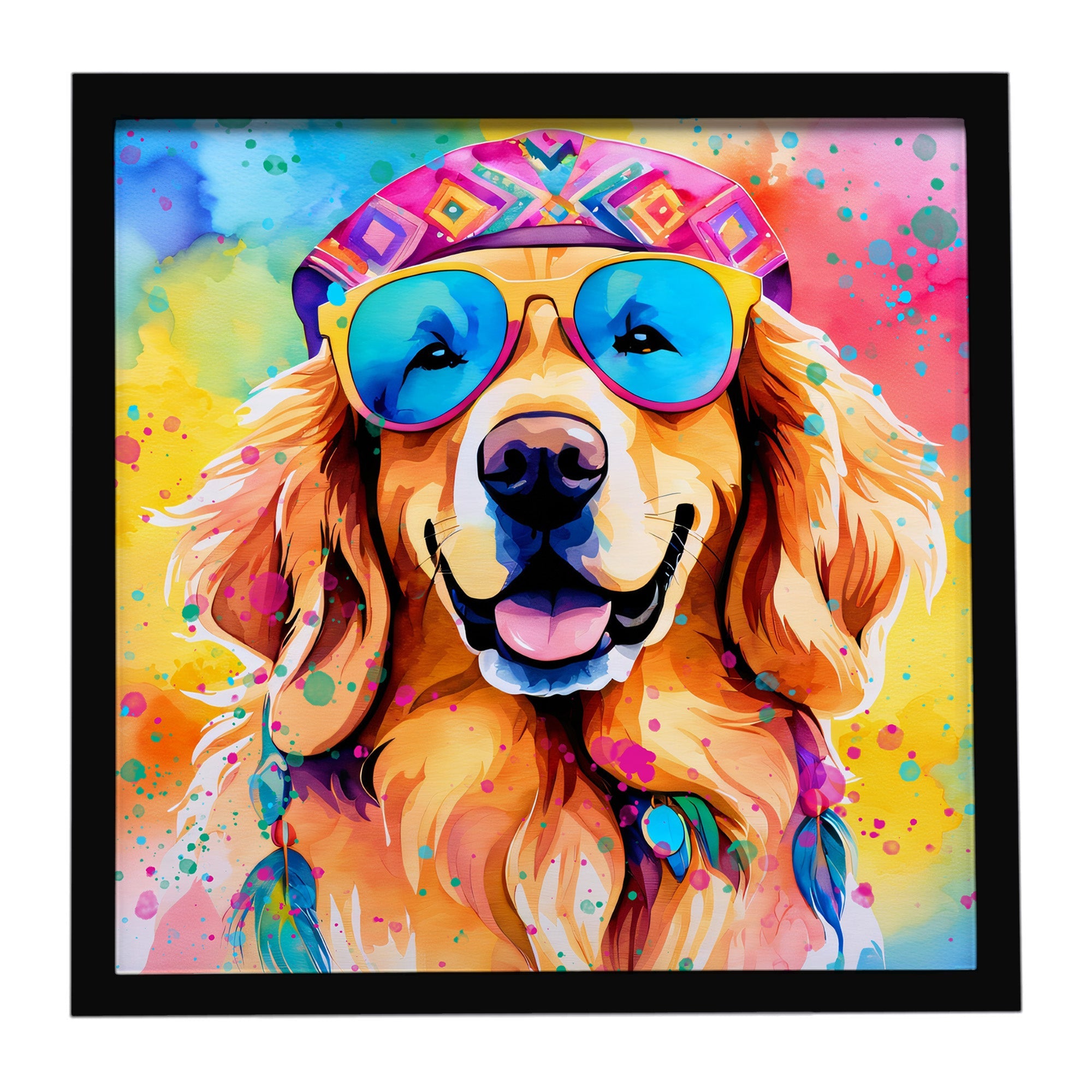 Golden Retriever Hippie Dawg Framed Metal Print Bathroom, Kitchen, Office, Home Decor Wall Art Ready to Hang, Square, 8X8