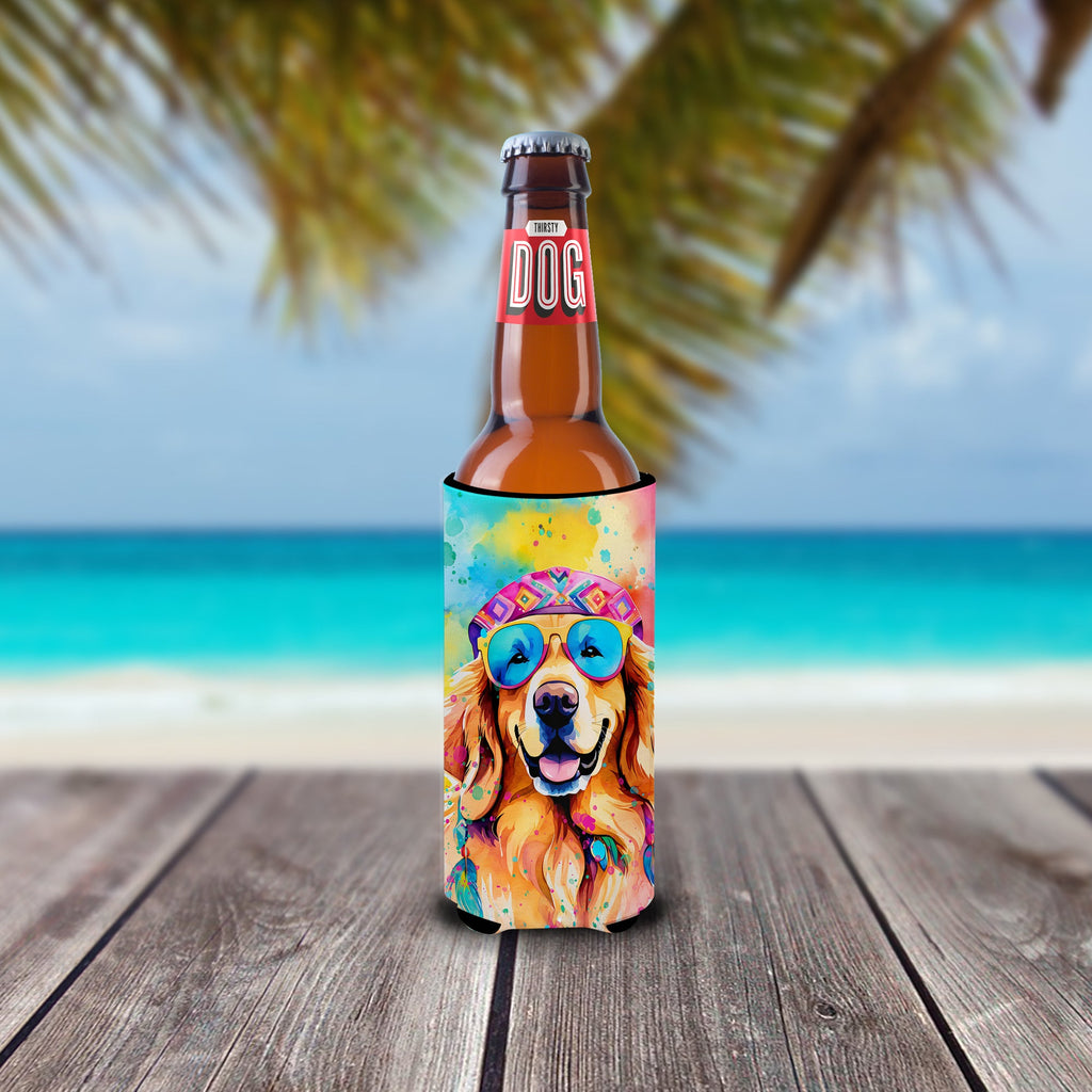 Golden Retriever Hippie Dawg Slim Can Hugger , Insulated Foam Hugger for 12 oz Slim Cans, Beer Bottles & Water Bottles, Printed in USA