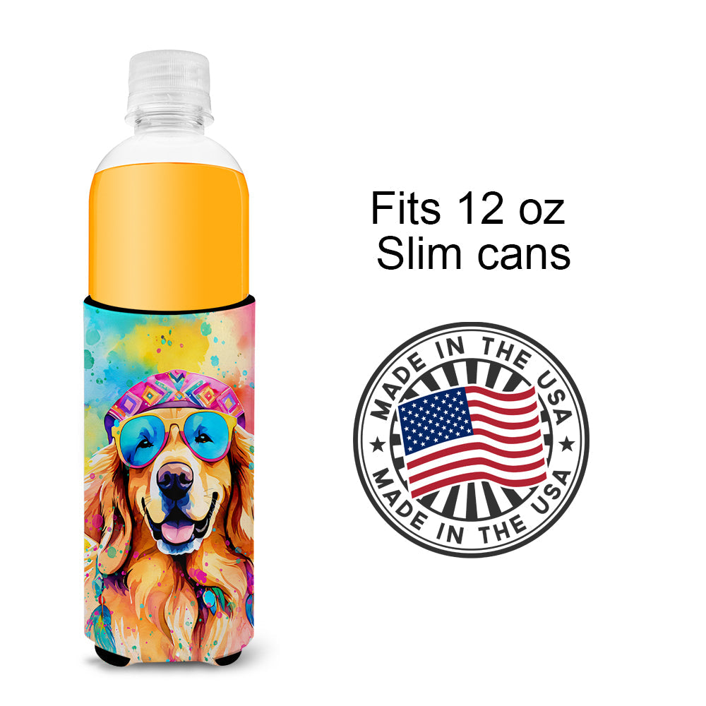 Golden Retriever Hippie Dawg Slim Can Hugger , Insulated Foam Hugger for 12 oz Slim Cans, Beer Bottles & Water Bottles, Printed in USA