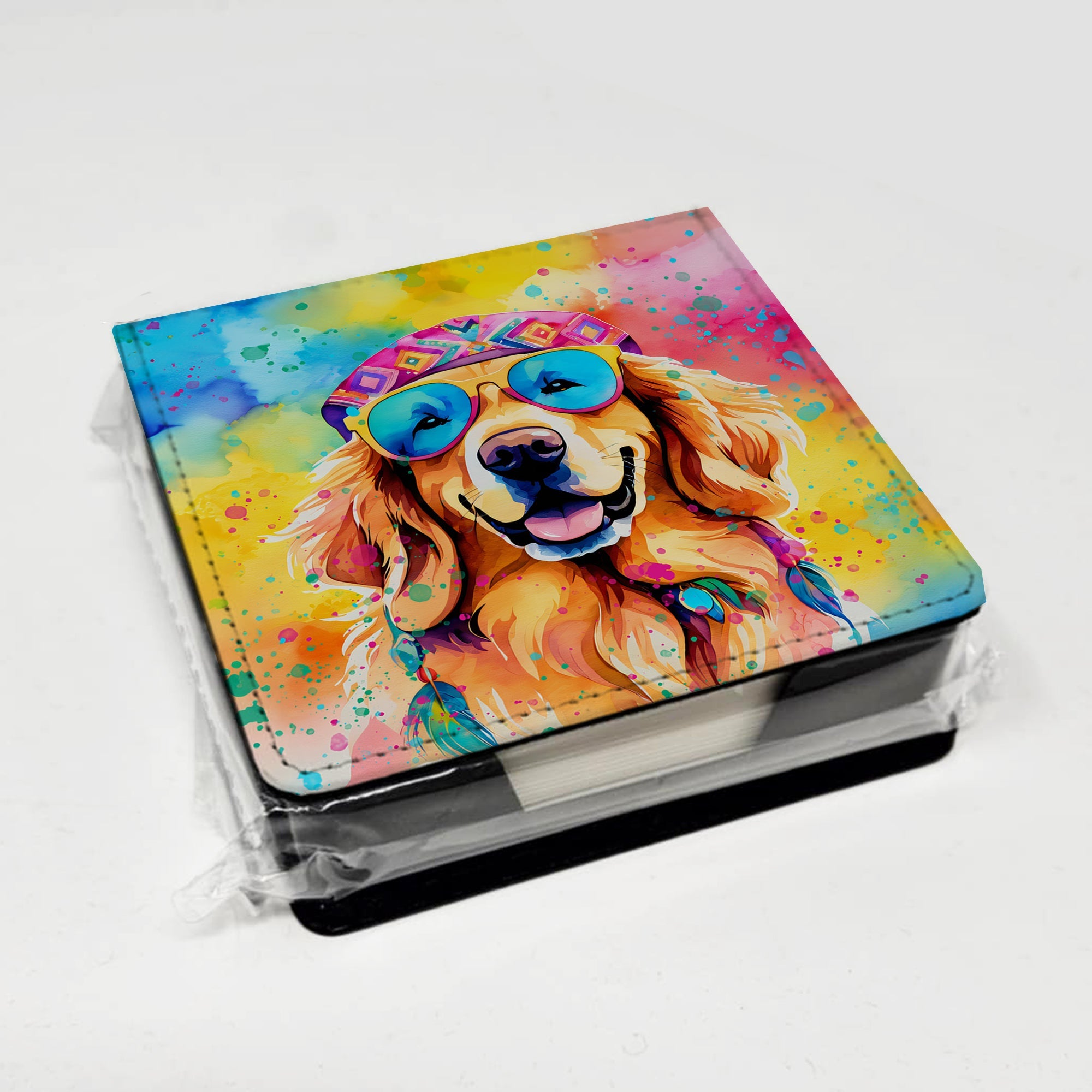 Golden Retriever Hippie Dawg PU Leather Note Paper Holder with Artist-Designed Cover, Desk Accessory, Office Gift