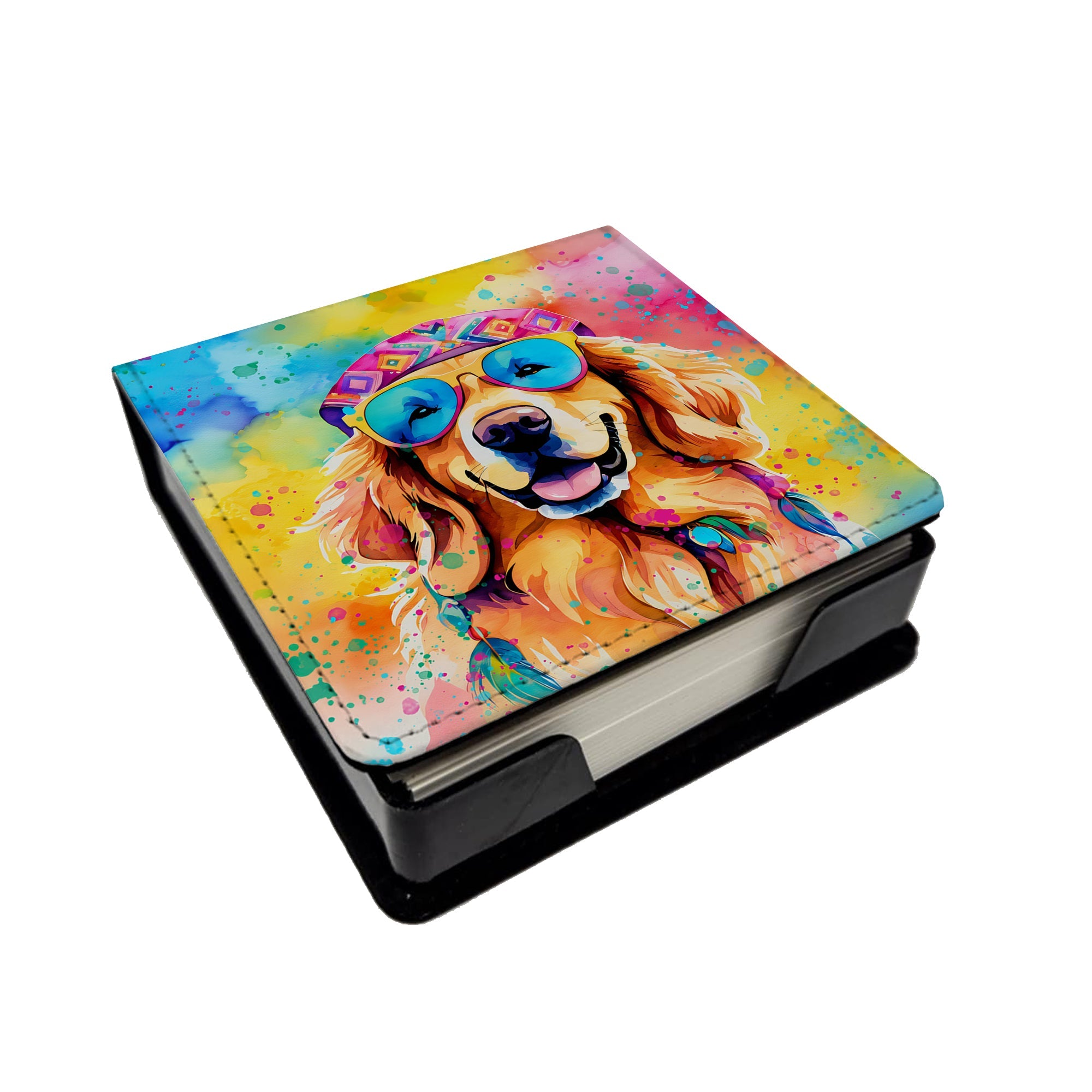 Golden Retriever Hippie Dawg PU Leather Note Paper Holder with Artist-Designed Cover, Desk Accessory, Office Gift