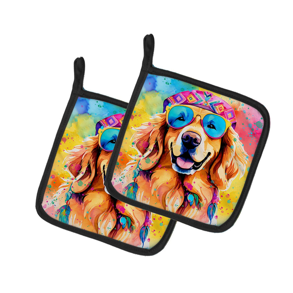 Golden Retriever Hippie Dawg Pot Holder Set of 2 Heat Resistant Quilted Hot Pads 7.5 x 7.5 Inch, Insulated Kitchen Trivets for Cooking & Baking