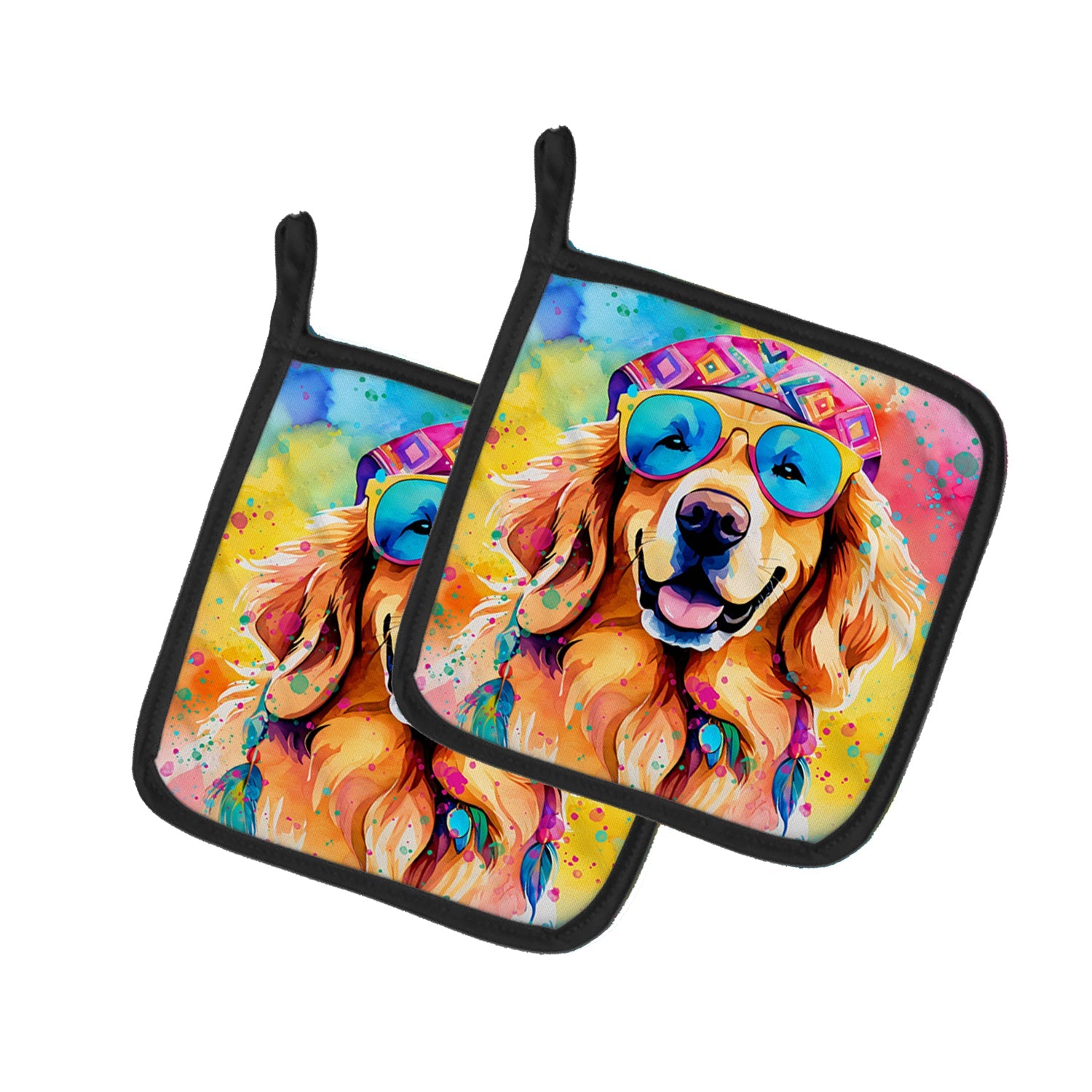 Golden Retriever Hippie Dawg Pot Holder Set of 2 Heat Resistant Quilted Hot Pads 7.5 x 7.5 Inch, Insulated Kitchen Trivets for Cooking & Baking