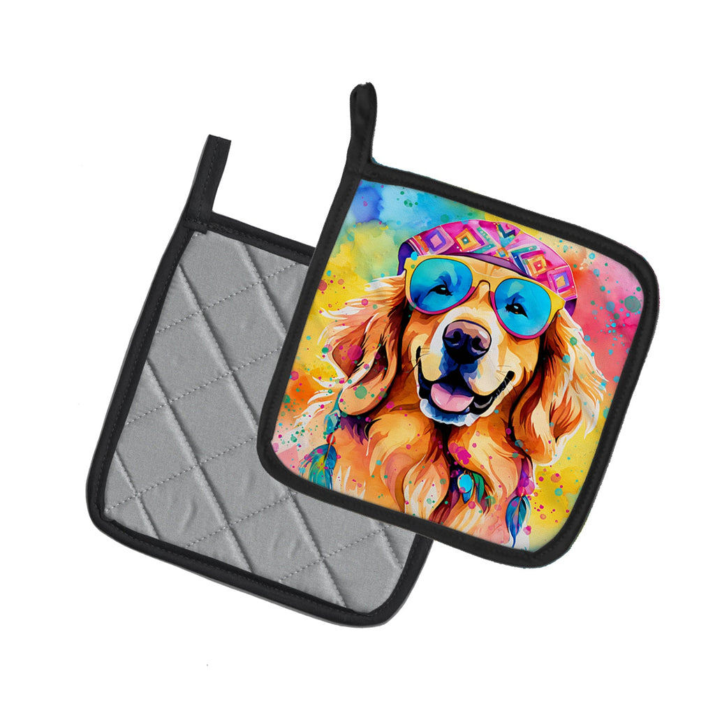 Golden Retriever Hippie Dawg Pot Holder Set of 2 Heat Resistant Quilted Hot Pads 7.5 x 7.5 Inch, Insulated Kitchen Trivets for Cooking & Baking