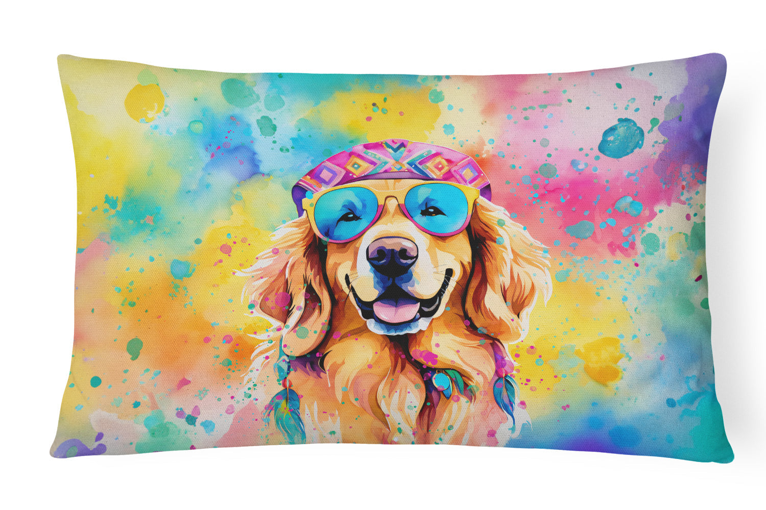 Golden Retriever Hippie Dawg Decorative Throw Pillow 12x16 Indoor Outdoor Accent Cushion, Fabric Cover with Insert for Sofa, Bed, Porch & Living Room