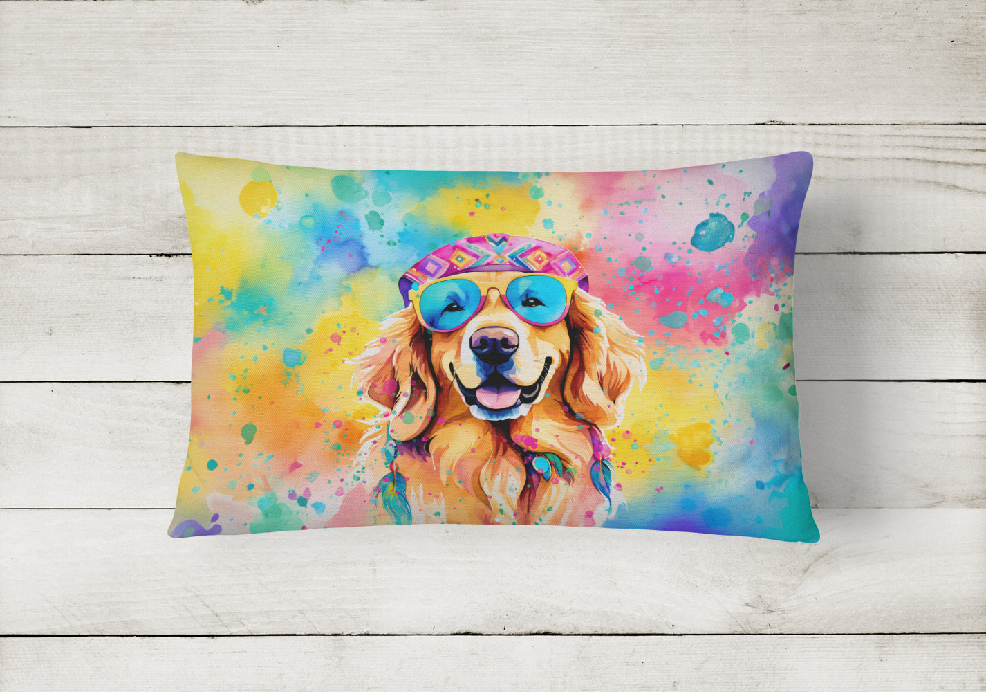 Golden Retriever Hippie Dawg Decorative Throw Pillow 12x16 Indoor Outdoor Accent Cushion, Fabric Cover with Insert for Sofa, Bed, Porch & Living Room