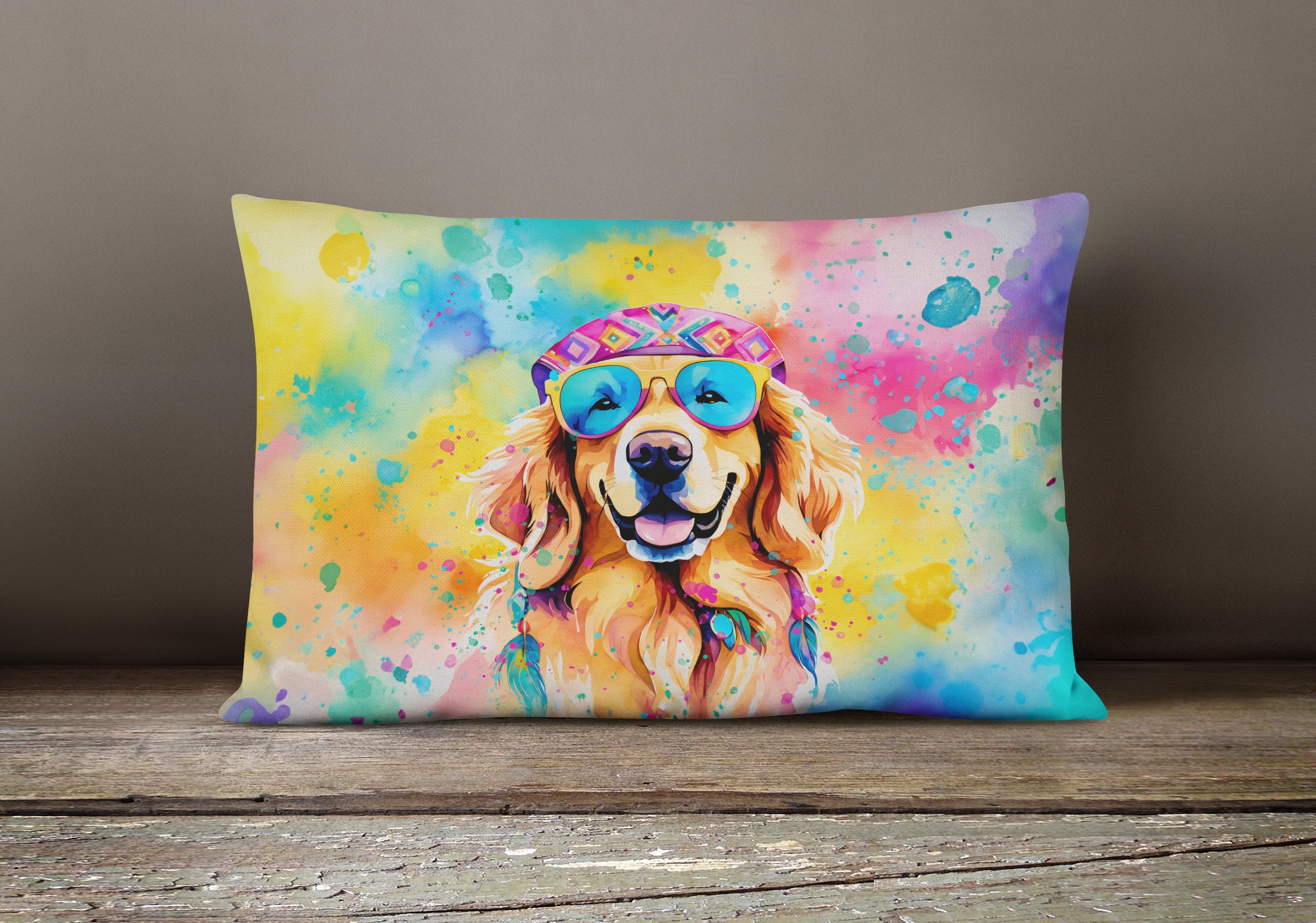 Golden Retriever Hippie Dawg Decorative Throw Pillow 12x16 Indoor Outdoor Accent Cushion, Fabric Cover with Insert for Sofa, Bed, Porch & Living Room
