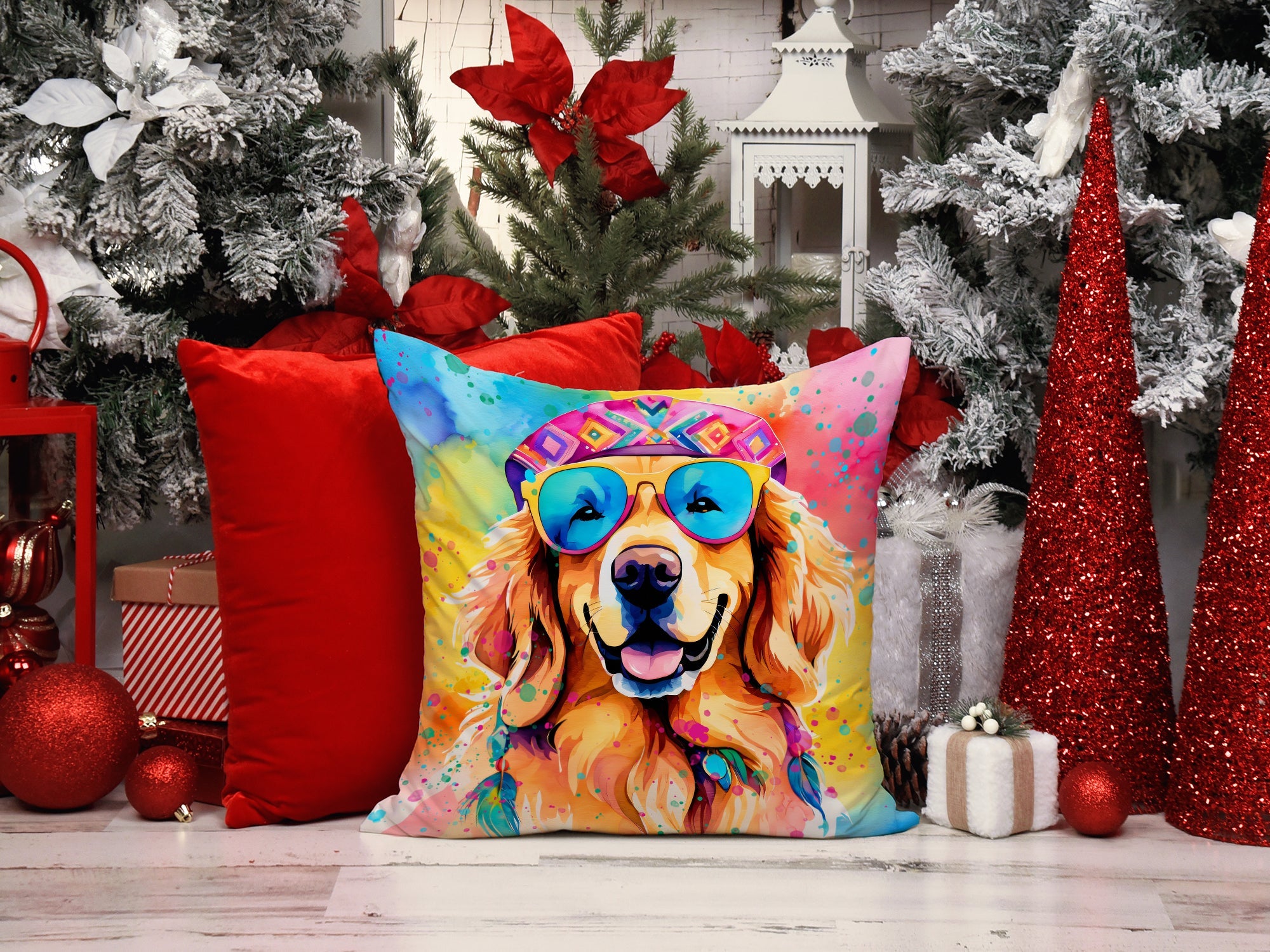 Golden Retriever Hippie Dawg Decorative Throw Pillow 14x14 Indoor Outdoor Accent Cushion, Fabric Cover with Insert for Sofa, Bed, Porch & Living Room