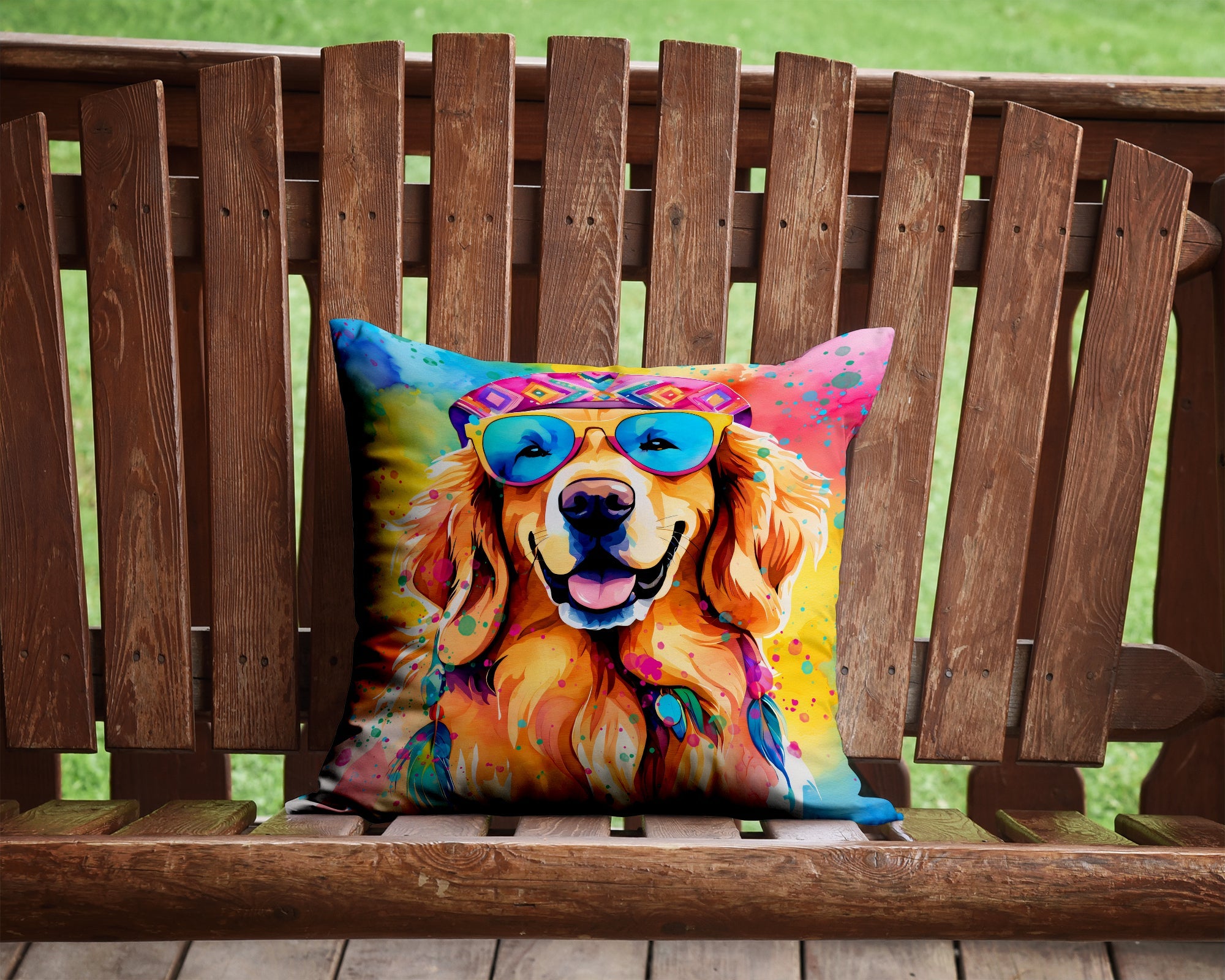 Golden Retriever Hippie Dawg Decorative Throw Pillow 14x14 Indoor Outdoor Accent Cushion, Fabric Cover with Insert for Sofa, Bed, Porch & Living Room