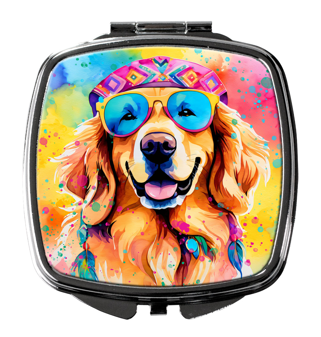 Golden Retriever Hippie Dawg Compact Mirror Decorative Travel Makeup Mirror for Women Girls Gifts Pocket Makeup Mirror Folding Handheld