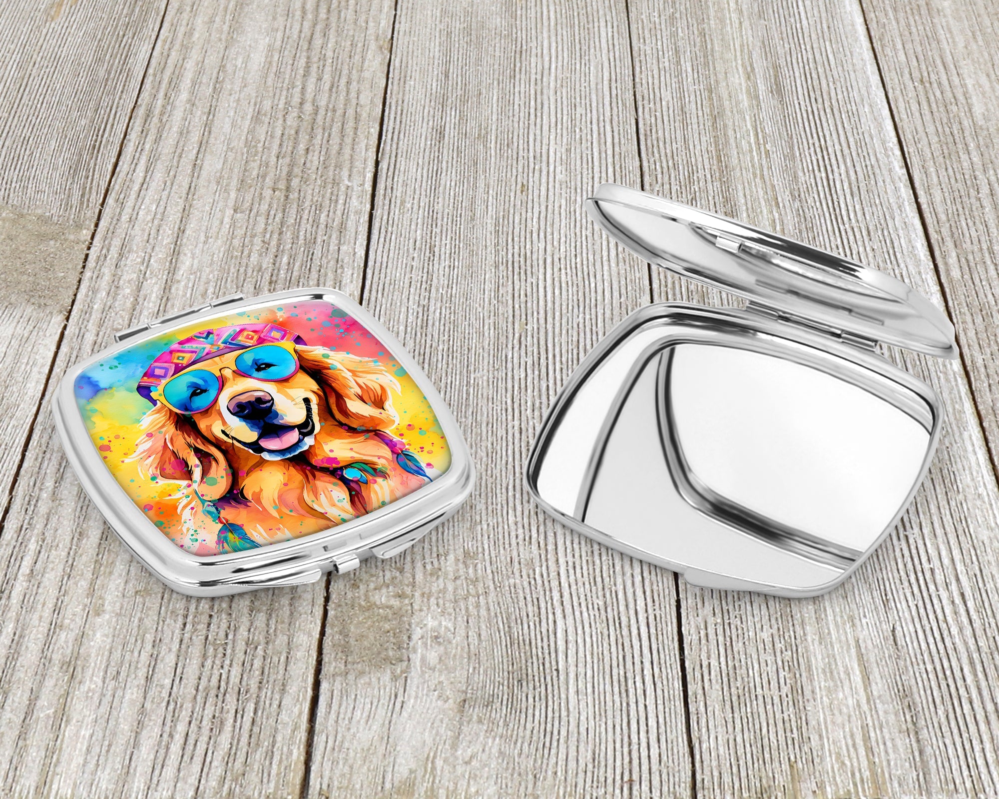 Golden Retriever Hippie Dawg Compact Mirror Decorative Travel Makeup Mirror for Women Girls Gifts Pocket Makeup Mirror Folding Handheld