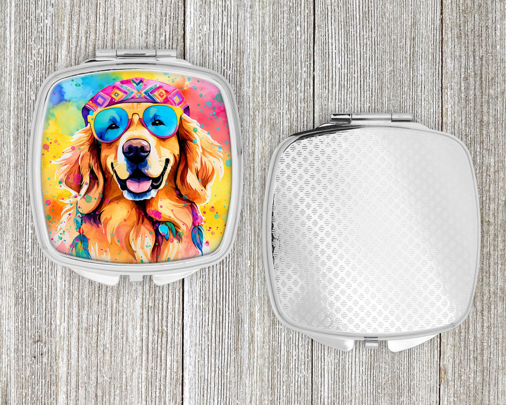 Golden Retriever Hippie Dawg Compact Mirror Decorative Travel Makeup Mirror for Women Girls Gifts Pocket Makeup Mirror Folding Handheld