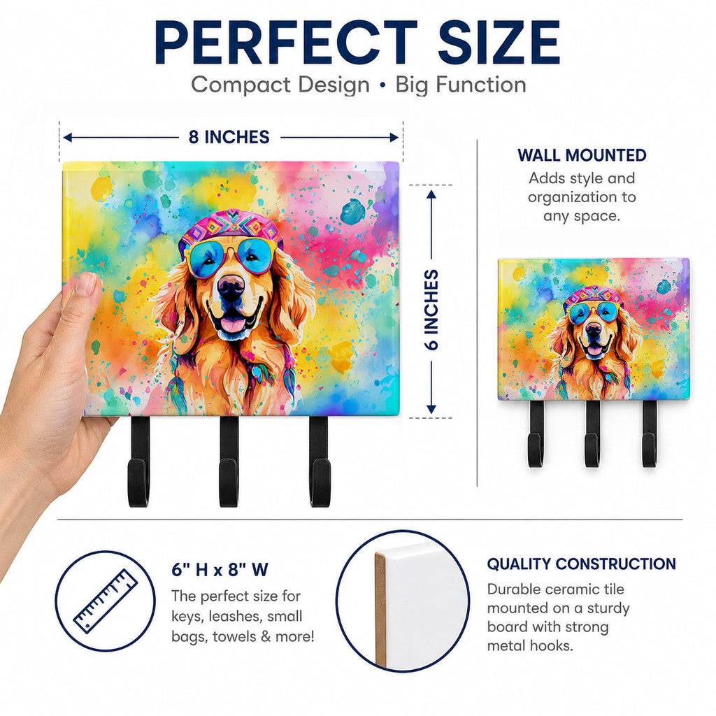 Golden Retriever Hippie Dawg Leash or Key Holder Wall Hooks, Coat Rack Wall Mount, for Hanging Keys, Towels, Aprons, Leashes