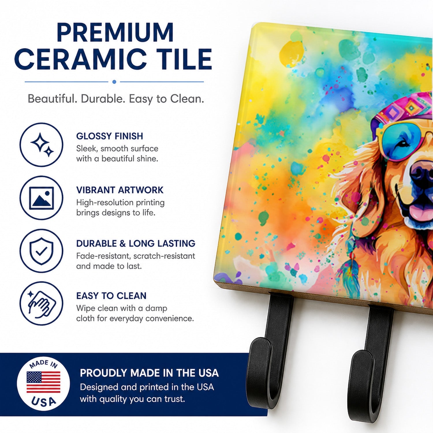 Golden Retriever Hippie Dawg Leash or Key Holder Wall Hooks, Coat Rack Wall Mount, for Hanging Keys, Towels, Aprons, Leashes