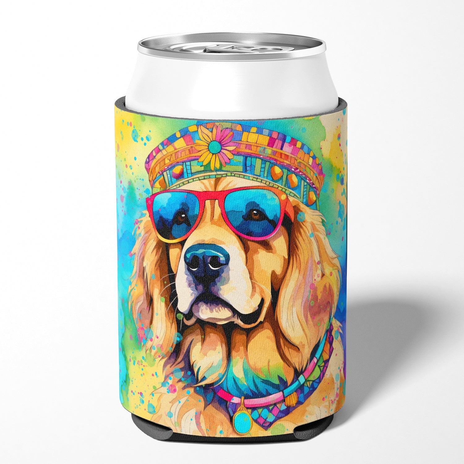Golden Retriever Hippie Dawg Can or Bottle Hugger Cooler Sleeve for Standard 12 oz Cans, Insulated Foam Beer & Soda Can Hugger Reusable