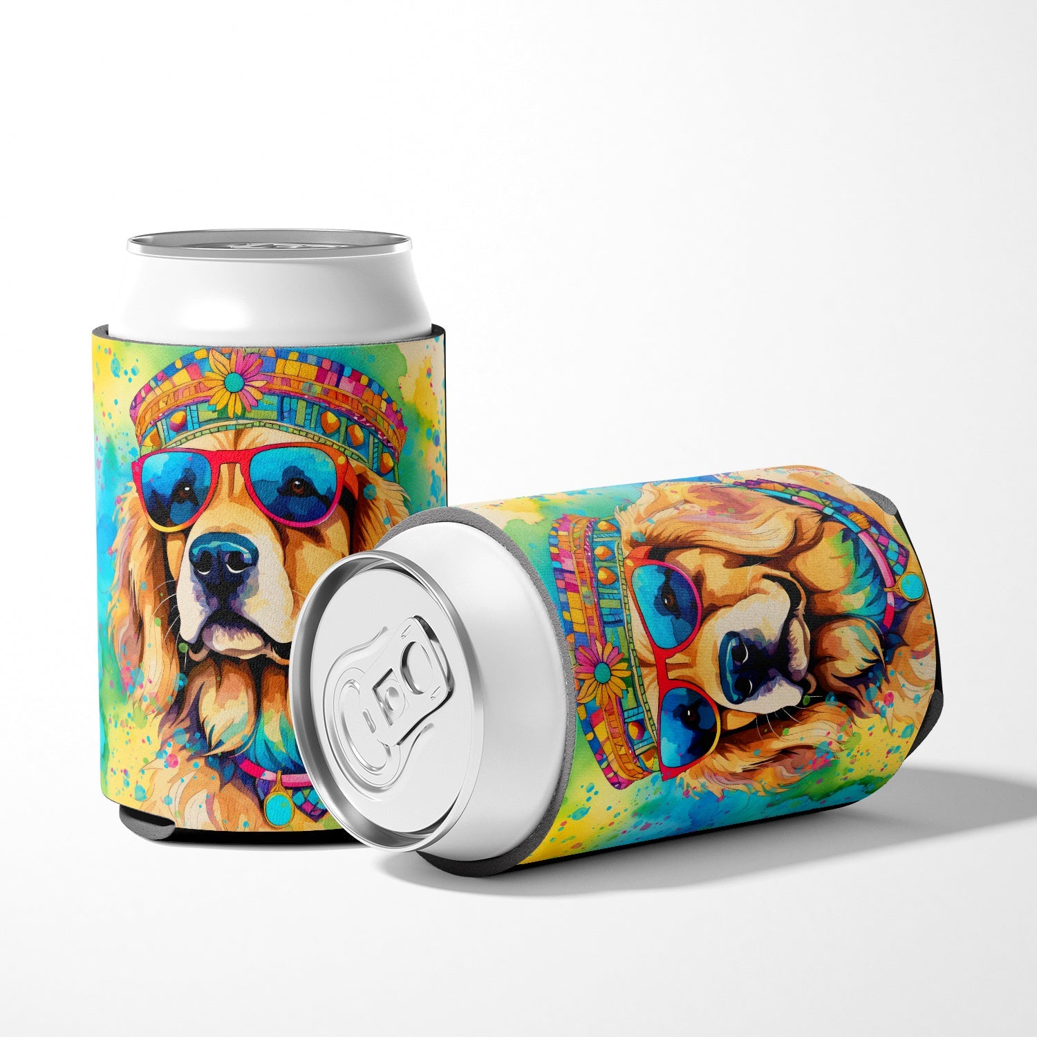 Golden Retriever Hippie Dawg Can or Bottle Hugger Cooler Sleeve for Standard 12 oz Cans, Insulated Foam Beer & Soda Can Hugger Reusable
