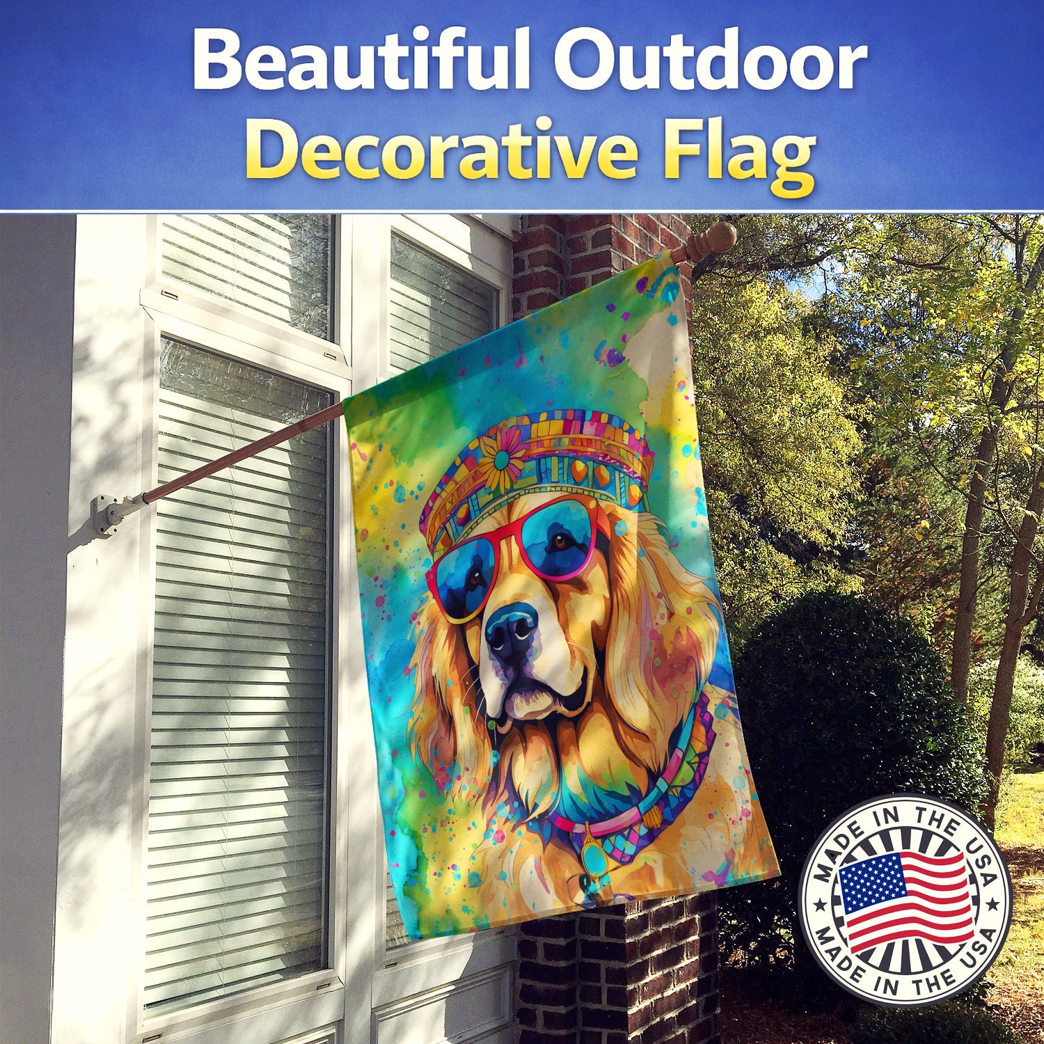 Golden Retriever Hippie Dawg House Flag 28x40 Porch Sleeve Pole Decorative Outside Yard Banner Artwork Wall Hanging, Polyester