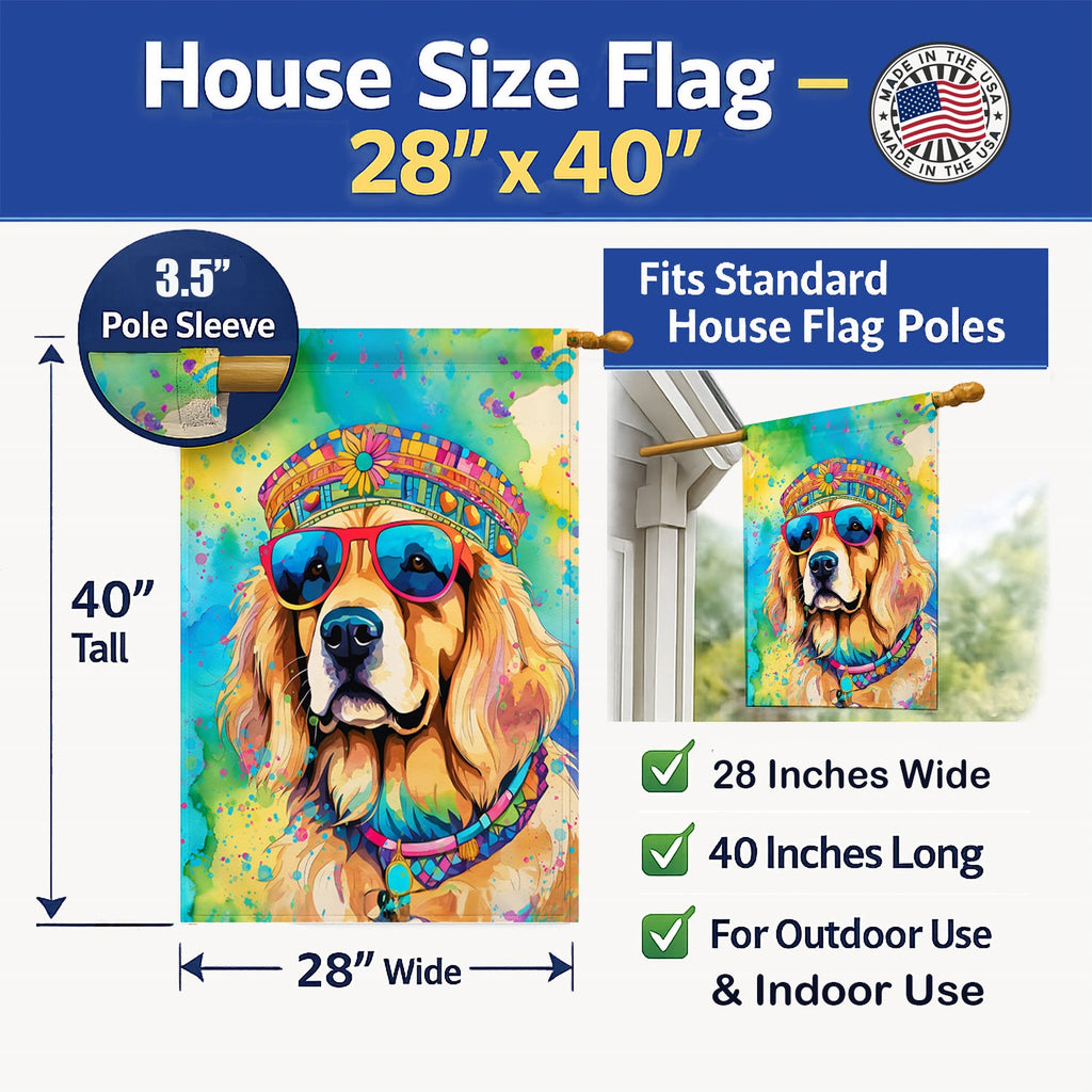 Golden Retriever Hippie Dawg House Flag 28x40 Porch Sleeve Pole Decorative Outside Yard Banner Artwork Wall Hanging, Polyester