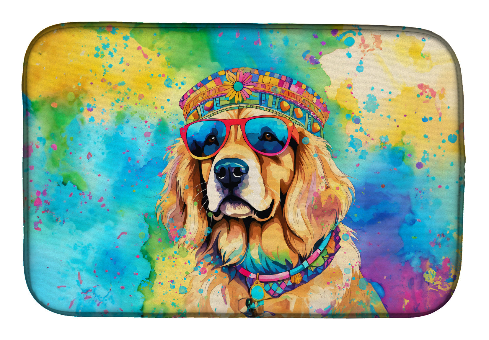 Golden Retriever Hippie Dawg Dish Drying Mat Absorbent Dish Drying Mat Pad for Kitchen Counter Dish Drainer Mat for Countertop, 14 x 21", Multicolor