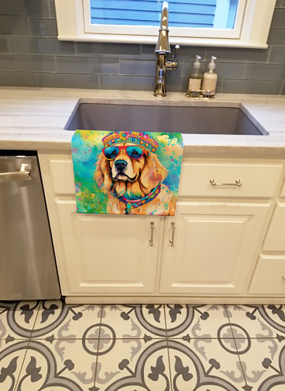 Golden Retriever Hippie Dawg Kitchen Towel Velour Plush Front and Cotton Loop Back Machine Washable