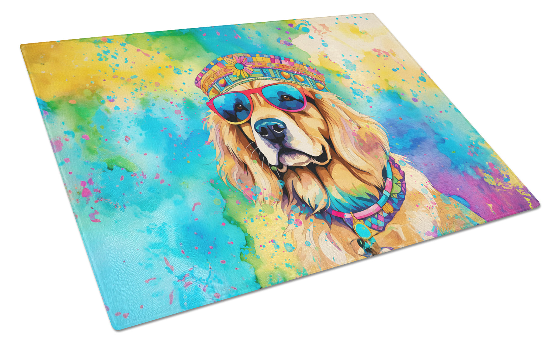 Golden Retriever Hippie Dawg Cutting Board Tempered Glass Kitchen Cutting Surface, Heat Resistant Chopping, Non-Slip Feet, Food Prep & Serving