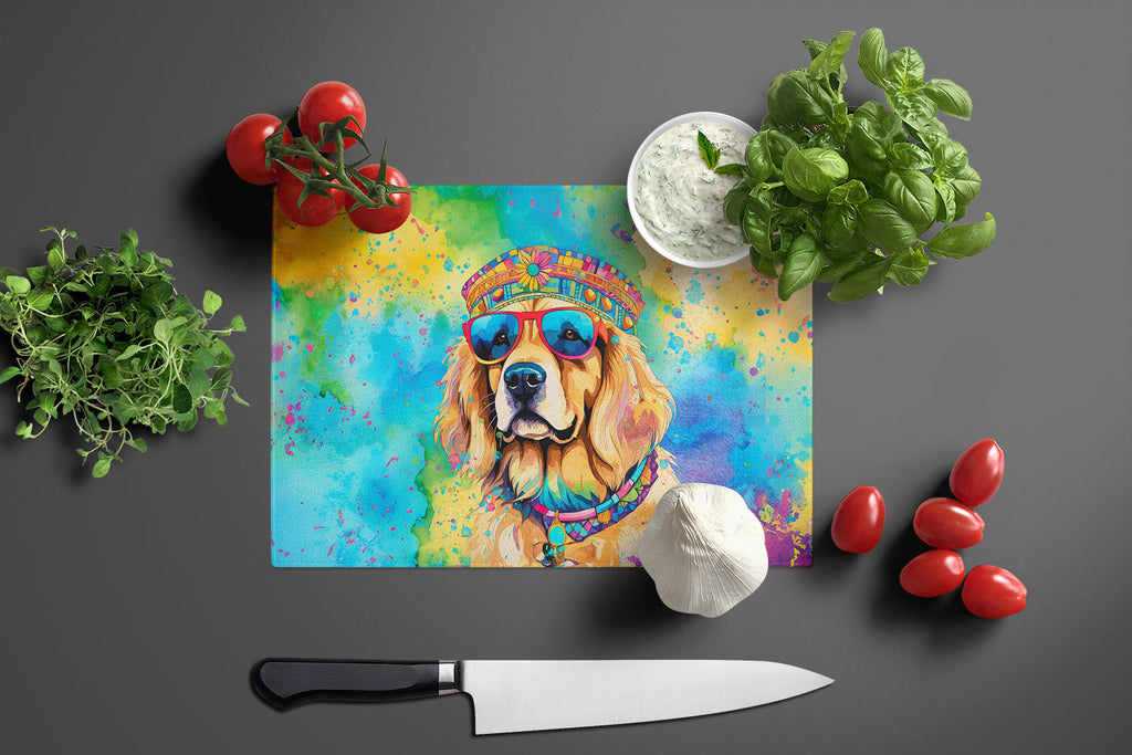 Golden Retriever Hippie Dawg Cutting Board Tempered Glass Kitchen Cutting Surface, Heat Resistant Chopping, Non-Slip Feet, Food Prep & Serving