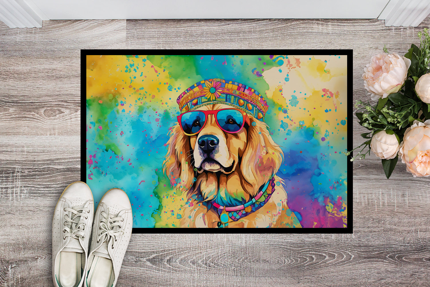 Golden Retriever Hippie Dawg Doormat Indoor Outdoor 18H X 27W Front Door Mat Rugs for Entryway, Non Slip Washable