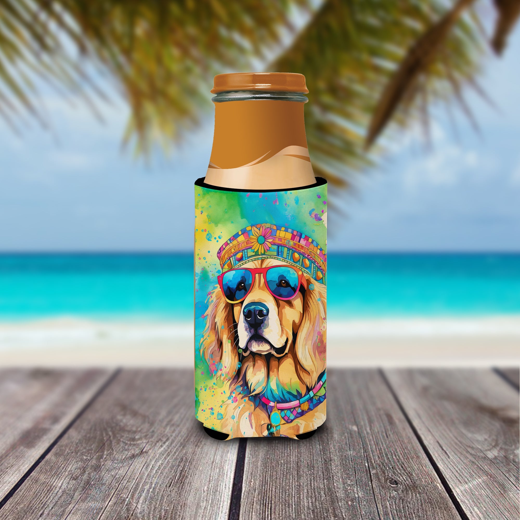 Golden Retriever Hippie Dawg Slim Can Hugger , Insulated Foam Hugger for 12 oz Slim Cans, Beer Bottles & Water Bottles, Printed in USA