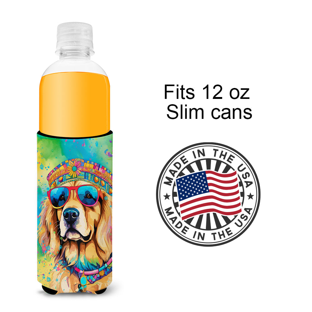 Golden Retriever Hippie Dawg Slim Can Hugger , Insulated Foam Hugger for 12 oz Slim Cans, Beer Bottles & Water Bottles, Printed in USA