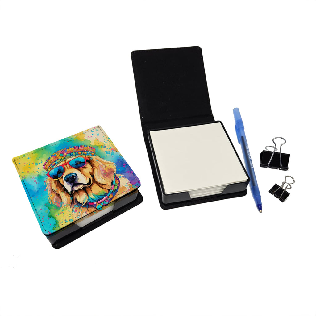 Golden Retriever Hippie Dawg PU Leather Note Paper Holder with Artist-Designed Cover, Desk Accessory, Office Gift