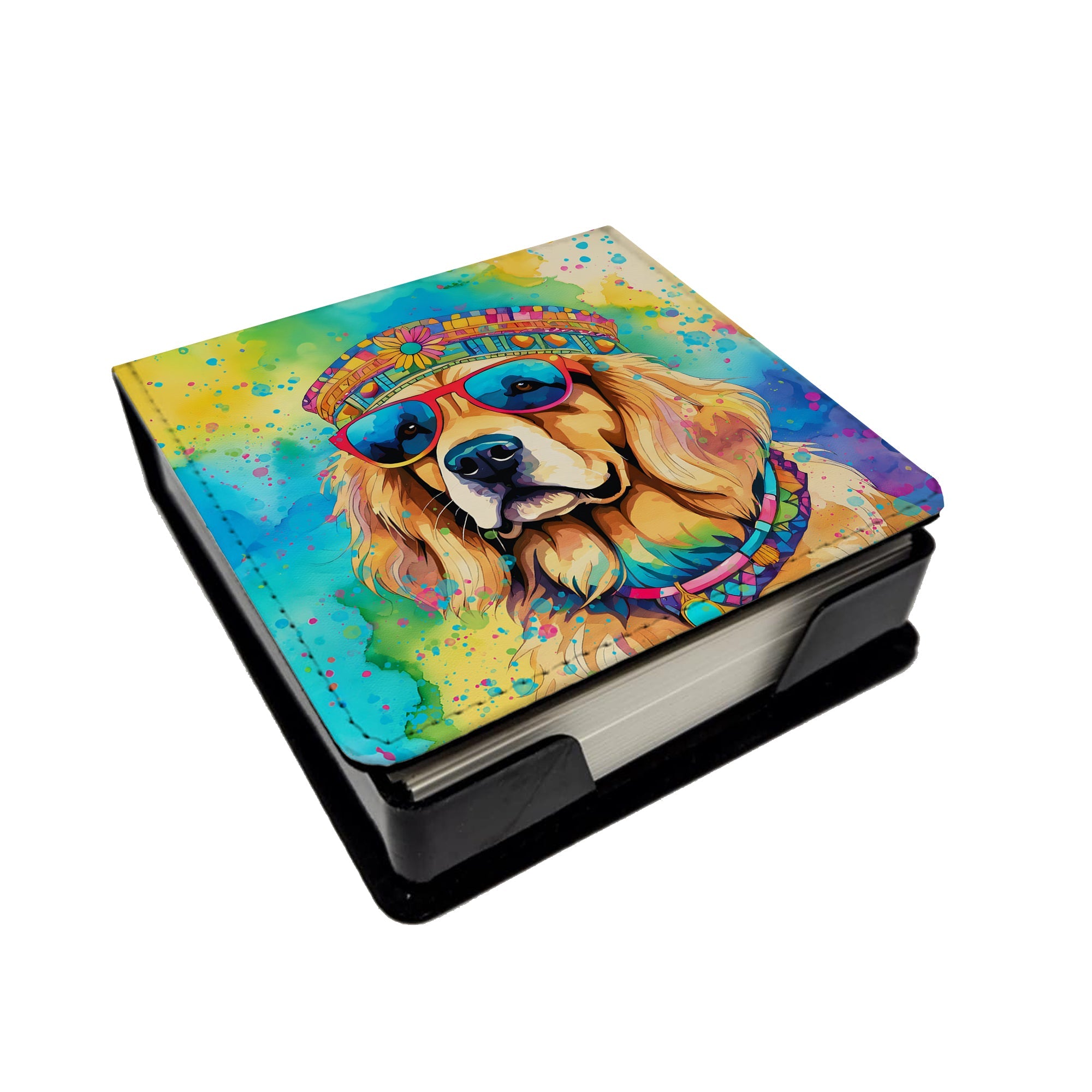 Golden Retriever Hippie Dawg PU Leather Note Paper Holder with Artist-Designed Cover, Desk Accessory, Office Gift