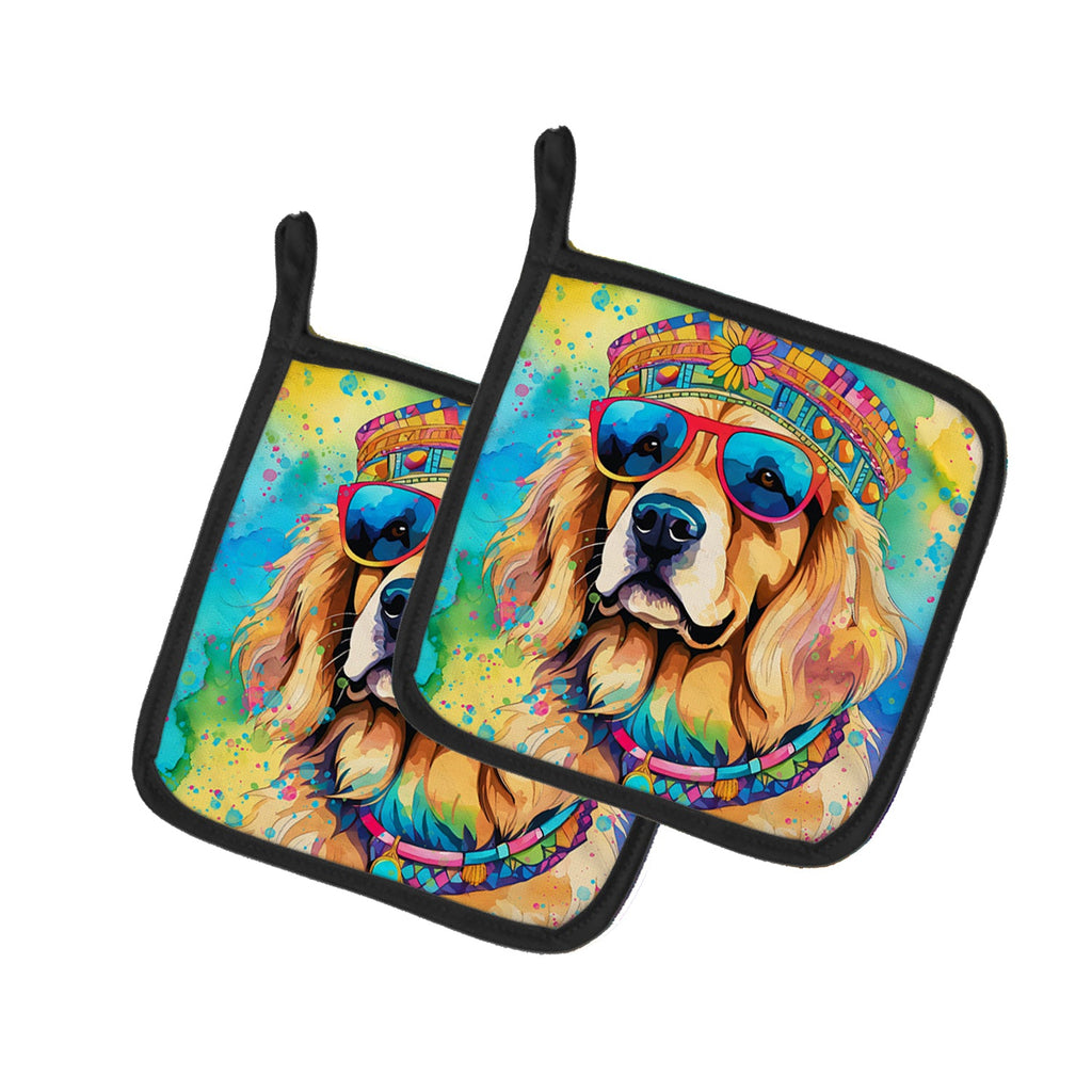 Golden Retriever Hippie Dawg Pot Holder Set of 2 Heat Resistant Quilted Hot Pads 7.5 x 7.5 Inch, Insulated Kitchen Trivets for Cooking & Baking