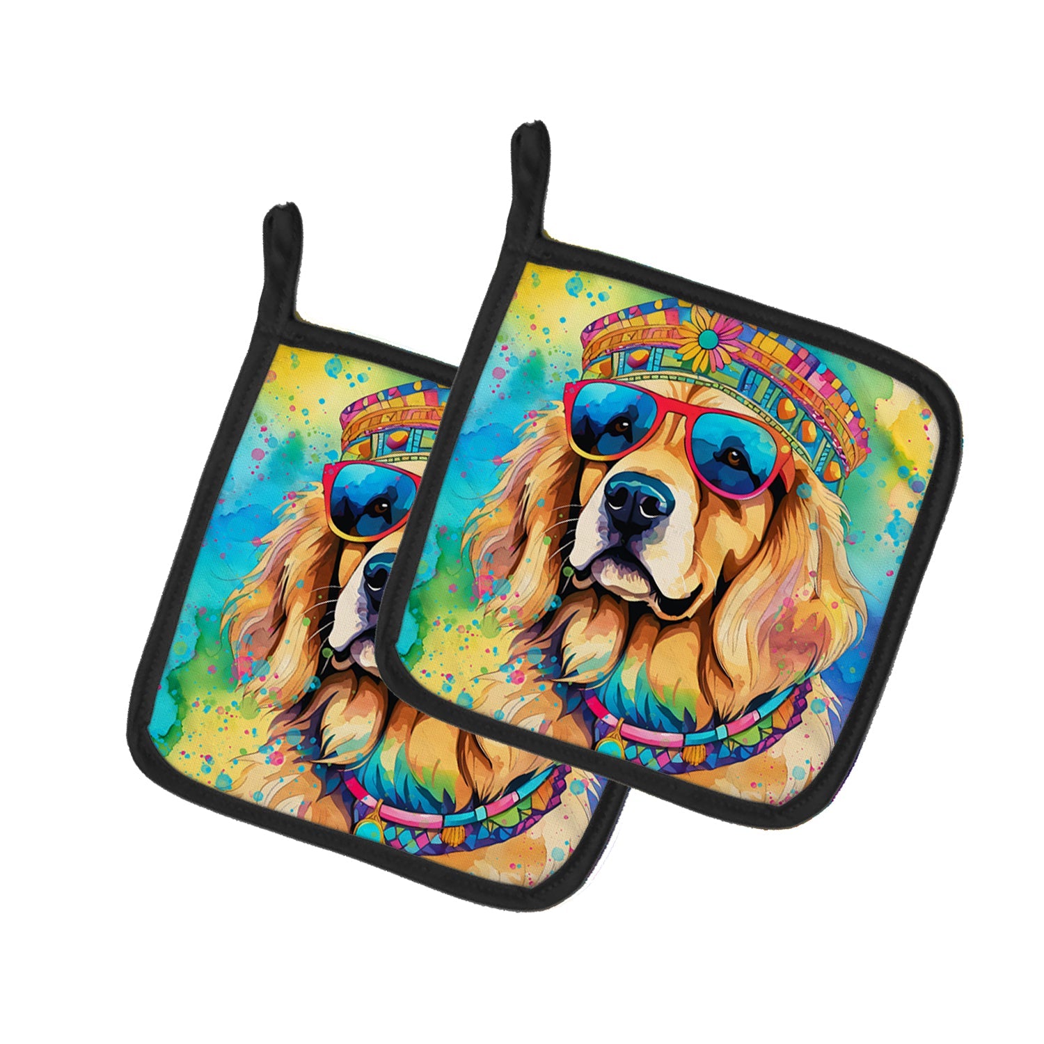 Golden Retriever Hippie Dawg Pot Holder Set of 2 Heat Resistant Quilted Hot Pads 7.5 x 7.5 Inch, Insulated Kitchen Trivets for Cooking & Baking