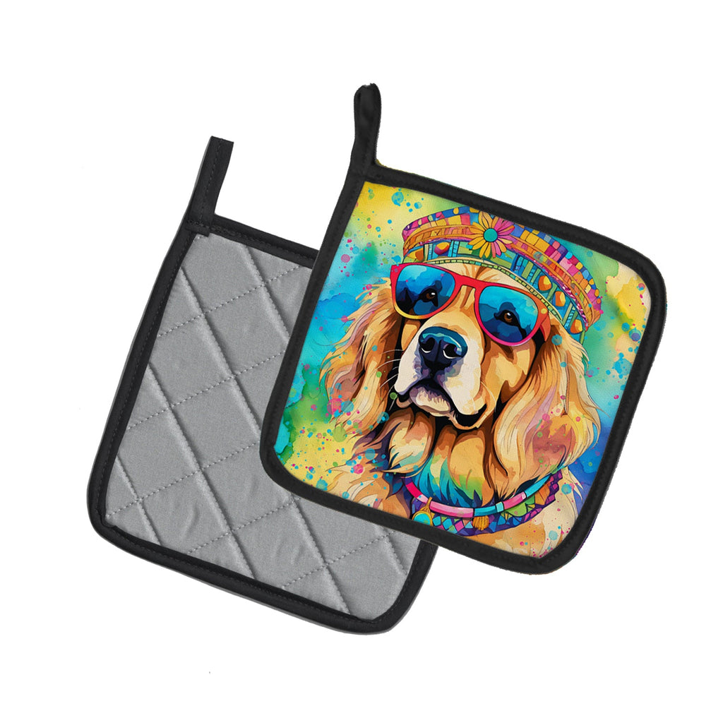 Golden Retriever Hippie Dawg Pot Holder Set of 2 Heat Resistant Quilted Hot Pads 7.5 x 7.5 Inch, Insulated Kitchen Trivets for Cooking & Baking