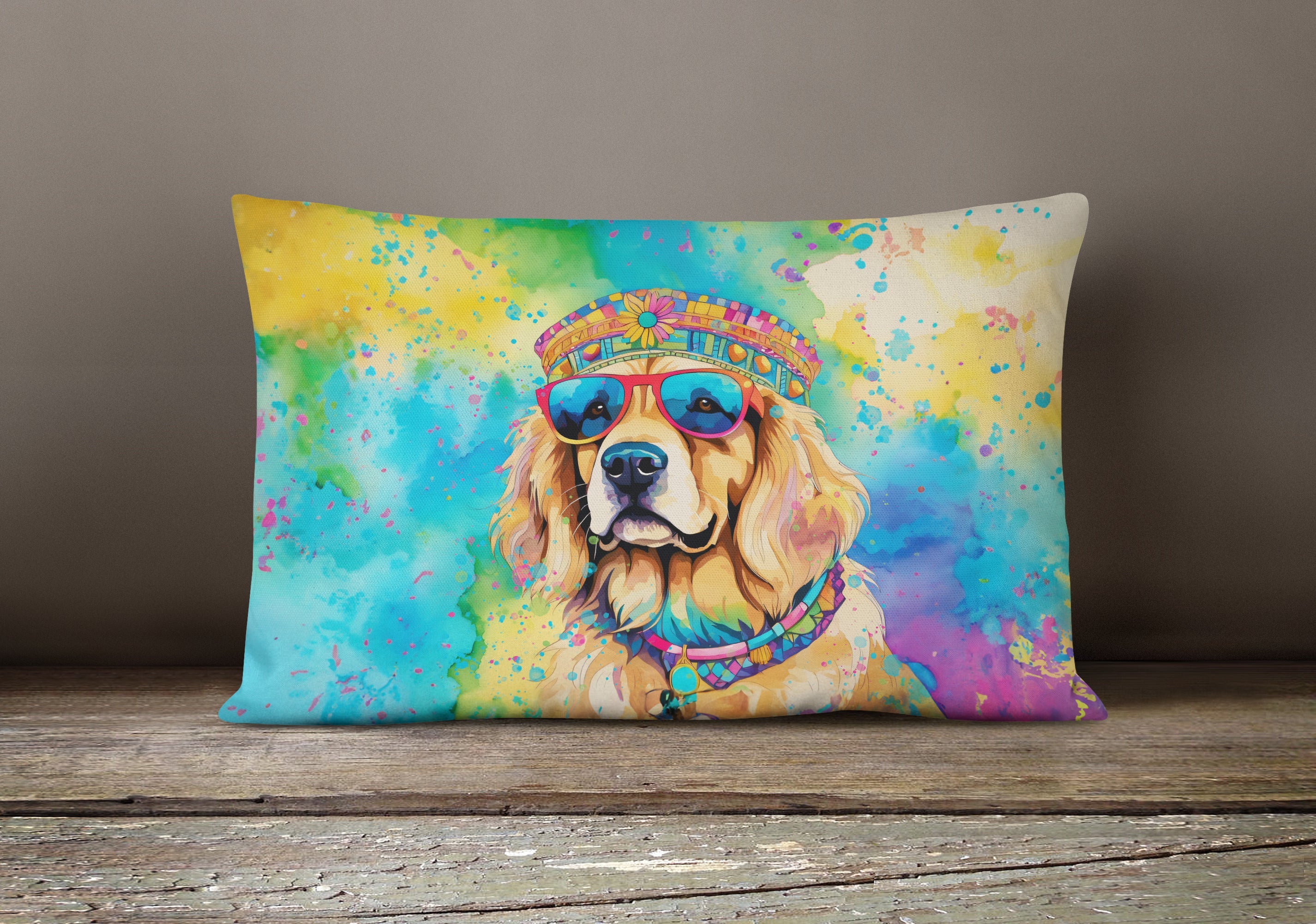 Golden Retriever Hippie Dawg Decorative Throw Pillow 12x16 Indoor Outdoor Accent Cushion, Fabric Cover with Insert for Sofa, Bed, Porch & Living Room