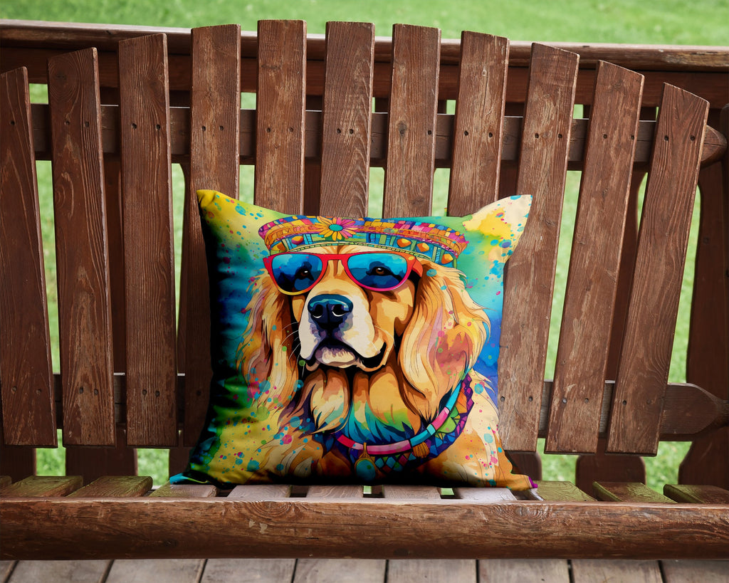 Golden Retriever Hippie Dawg Decorative Throw Pillow 14x14 Indoor Outdoor Accent Cushion, Fabric Cover with Insert for Sofa, Bed, Porch & Living Room