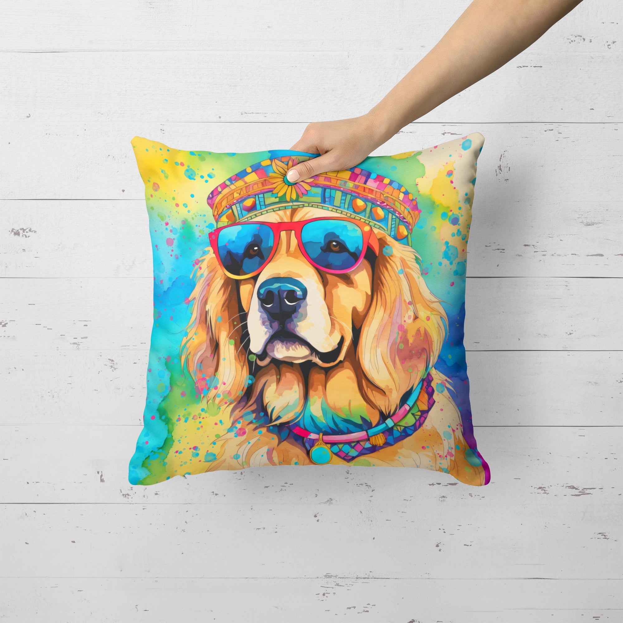 Golden Retriever Hippie Dawg Decorative Throw Pillow 18x18 Indoor Outdoor Accent Cushion, Fabric Cover with Insert for Sofa, Bed, Porch & Living Room