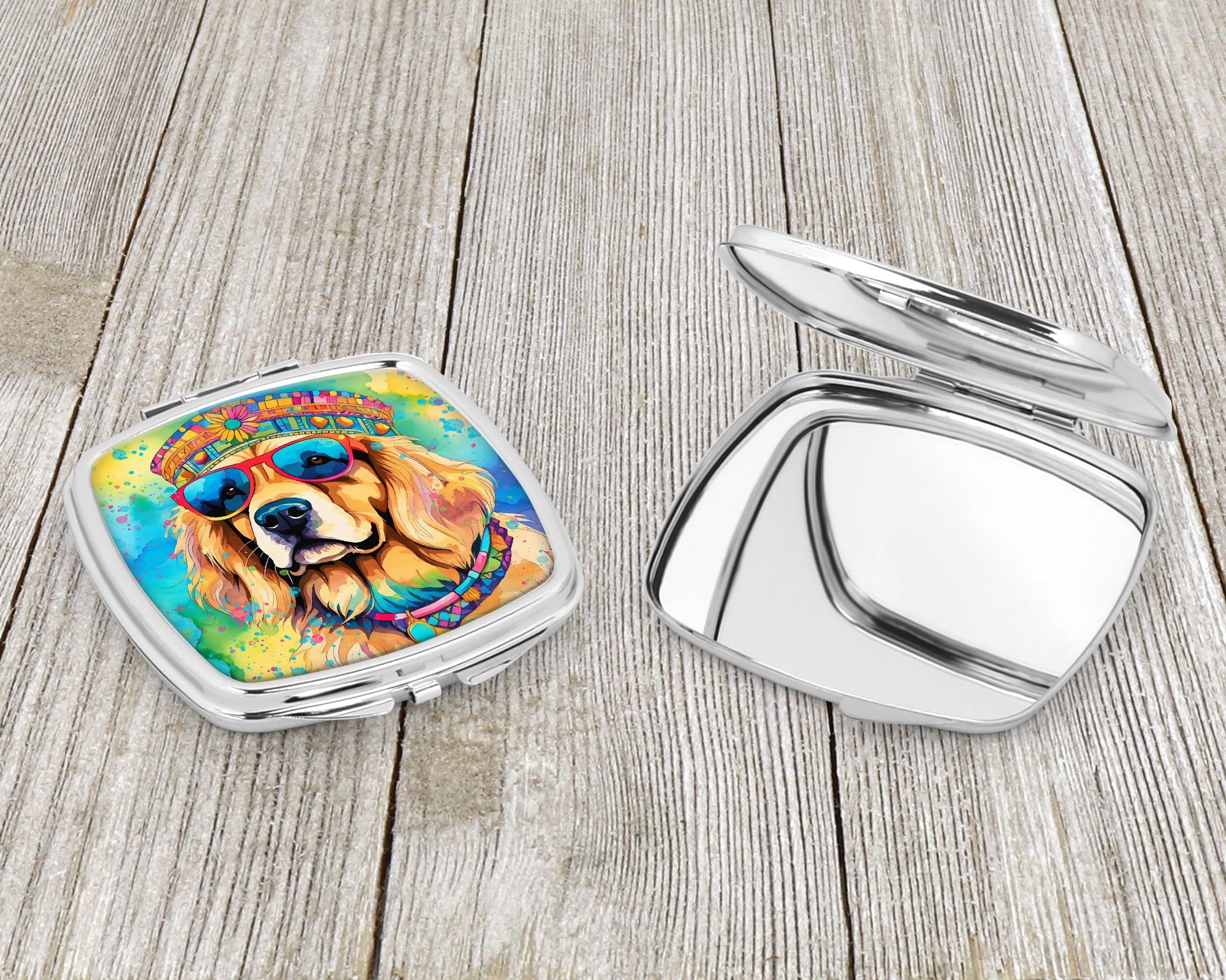 Golden Retriever Hippie Dawg Compact Mirror Decorative Travel Makeup Mirror for Women Girls Gifts Pocket Makeup Mirror Folding Handheld