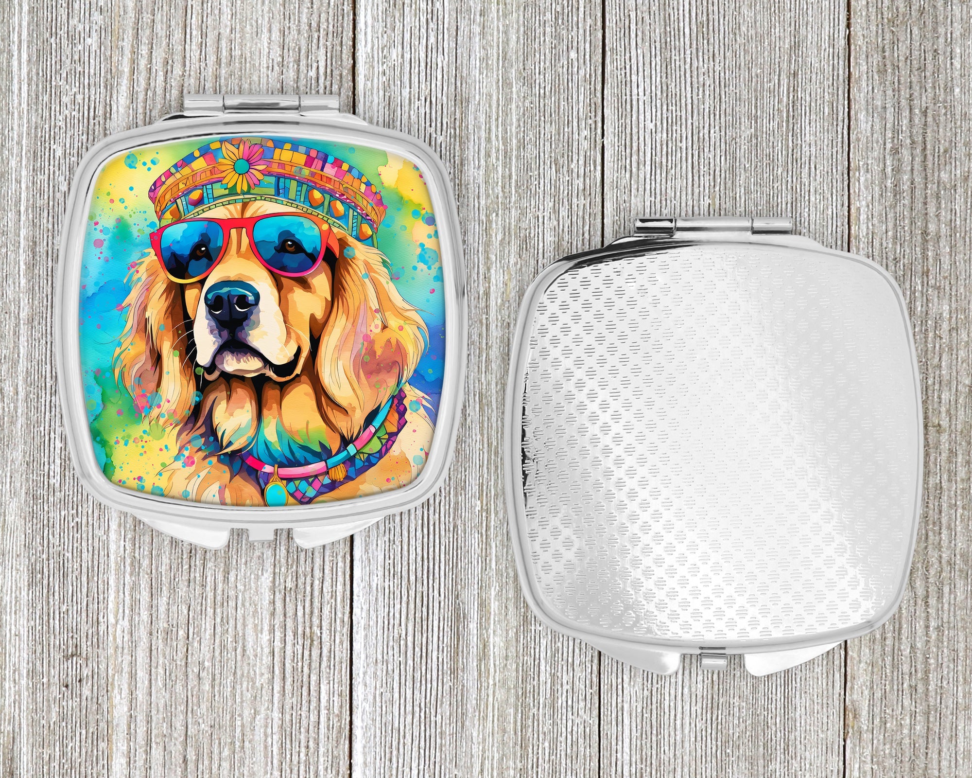 Golden Retriever Hippie Dawg Compact Mirror Decorative Travel Makeup Mirror for Women Girls Gifts Pocket Makeup Mirror Folding Handheld